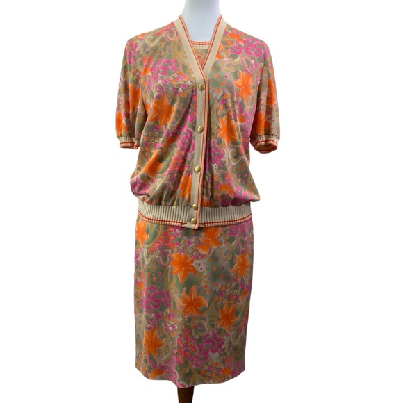 Vintage DOMINA 3 Piece Set Skirt Short Sleeve Top & Cardigan Small Medium Beige - Picture 2 of 15